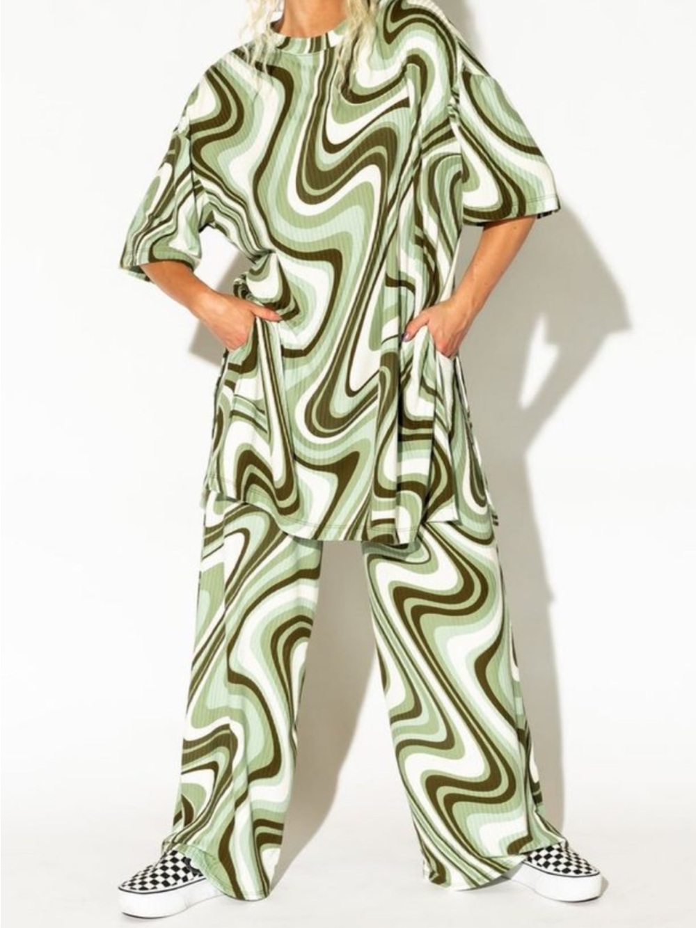 NWT Dressed In LaLa Relaxed Swirl Print Wide-Leg Set - Green